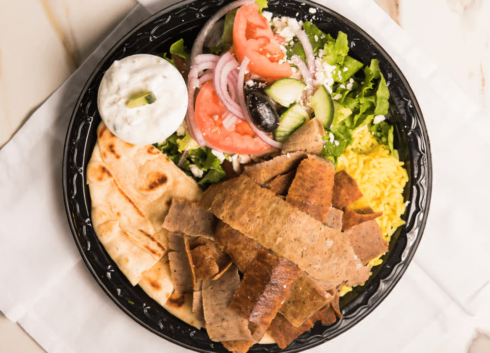 Gyro platter with salad and rice